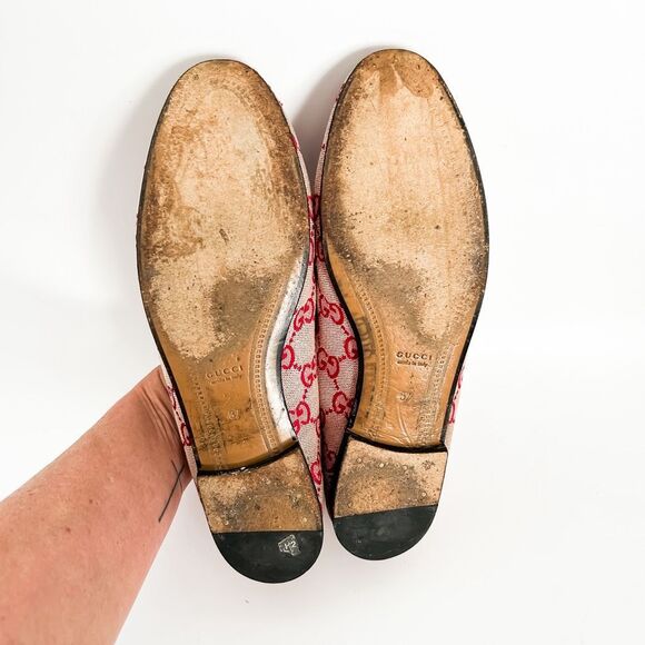 Gucci Jordaan Horsebit Loafer Red GG Canvas Flat Supreme Buckle 37, 7 - Picture 12 of 13